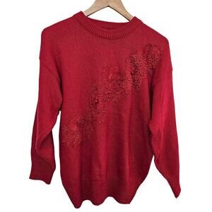 Vintage 80s Sweater Womens Medium Red Floral Lace Beaded Glam Knit Embellished